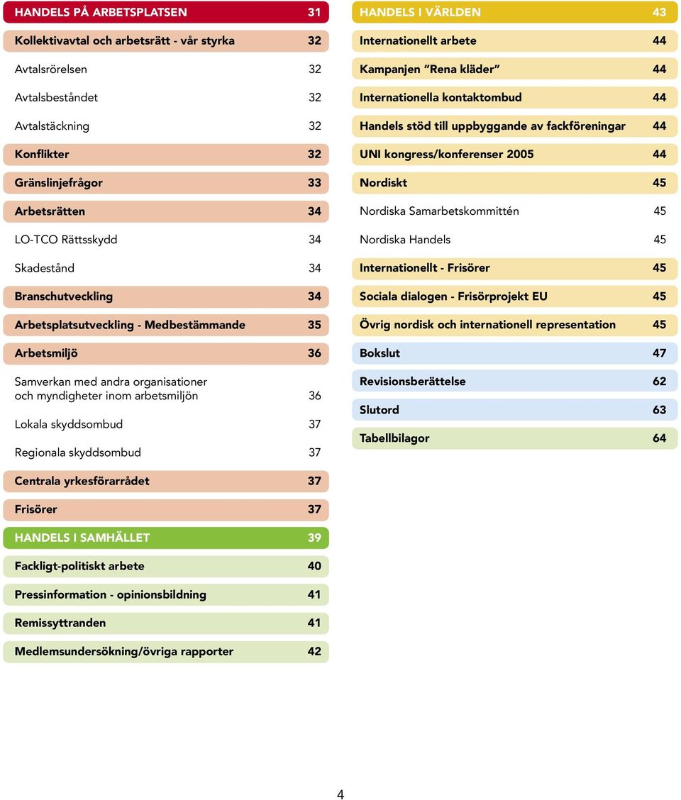 skyddsombud 37 HANDELS I VÄRLDEN 43 Internationellt arbete 44 Kampanjen Rena kläder 44 Internationella kontaktombud 44 Handels stöd till uppbyggande av fackföreningar 44 UNI kongress/konferenser 2005