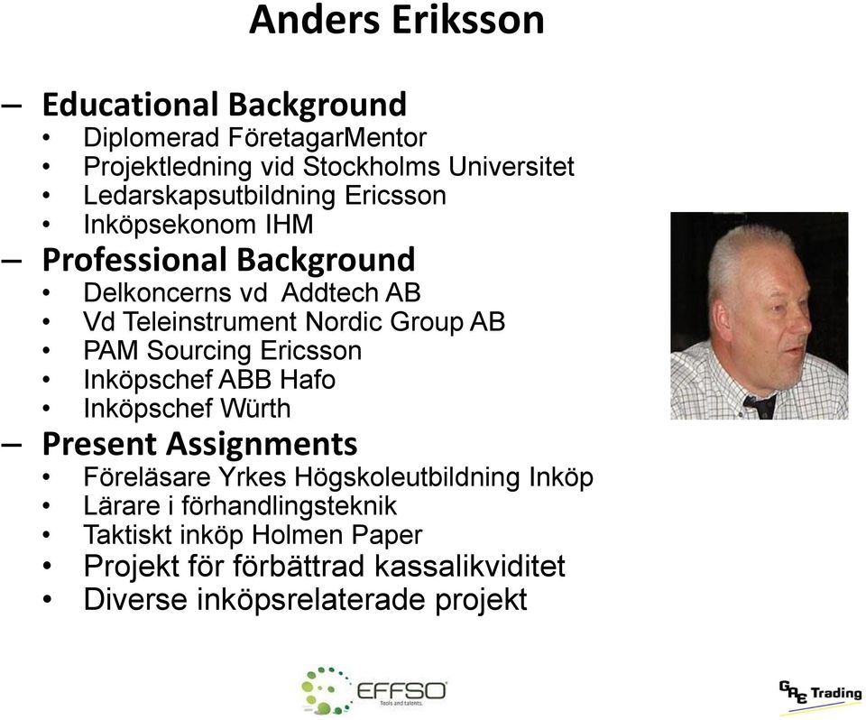 Group AB PAM Sourcing Ericsson Inköpschef ABB Hafo Inköpschef Würth Present Assignments Föreläsare Yrkes