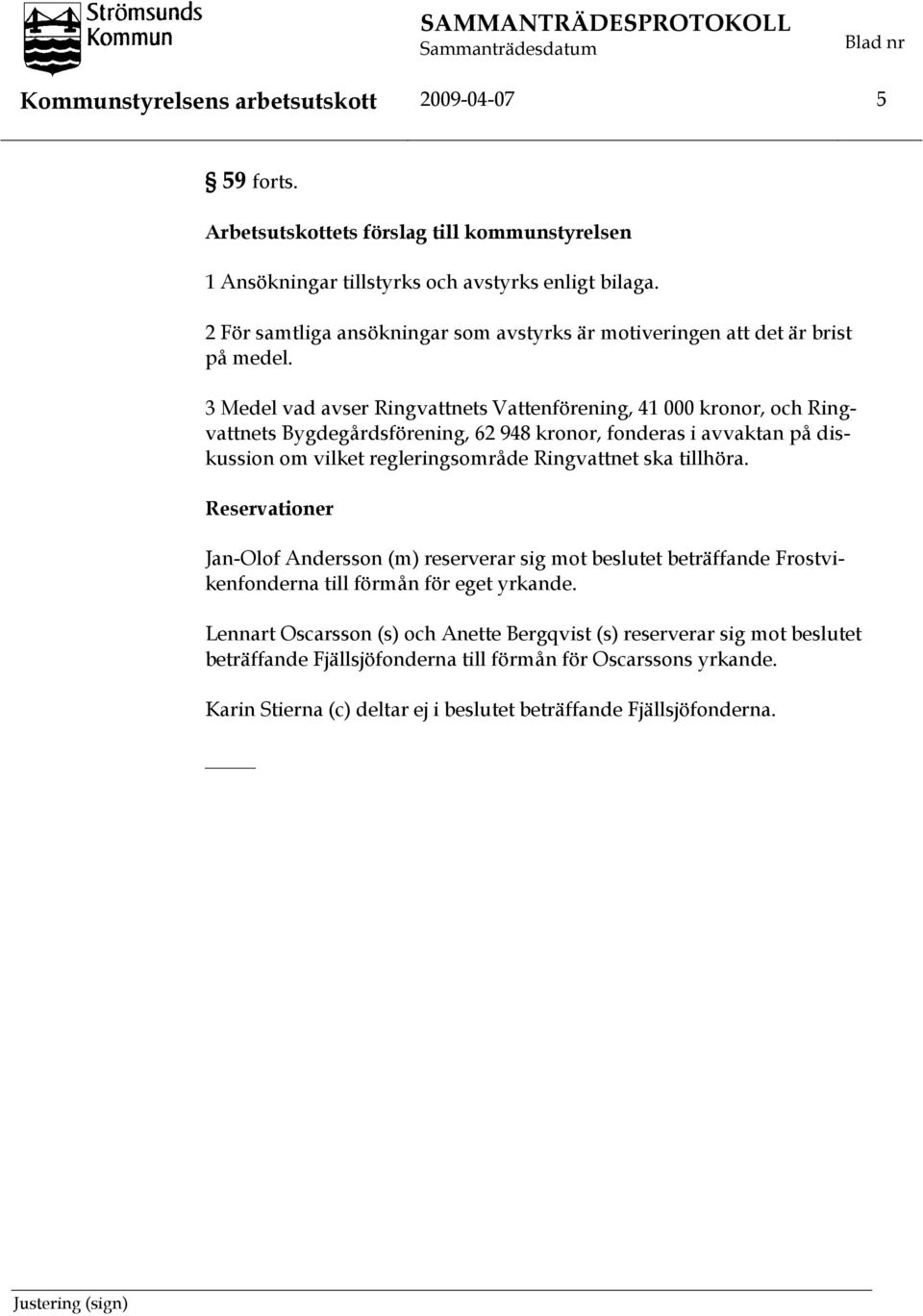 3 Medel vad avser Ringvattnets Vattenförening, 41 000 kronor, och Ringvattnets Bygdegårdsförening, 62 948 kronor, fonderas i avvaktan på diskussion om vilket regleringsområde Ringvattnet ska