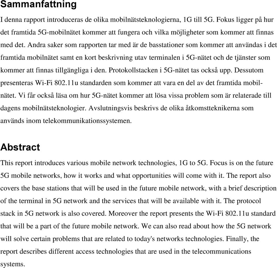 Andra saker som rapporten tar med är de basstationer som kommer att användas i det framtida mobilnätet samt en kort beskrivning utav terminalen i 5G-nätet och de tjänster som kommer att finnas