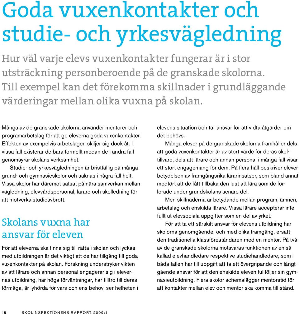 Många av de granskade skolorna använder mentorer och programarbetslag för att ge eleverna goda vuxenkontakter. Effekten av exempelvis arbetslagen skiljer sig dock åt.