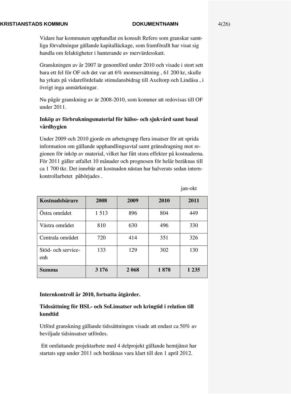 Granskningen av år 2007 är genomförd under 2010 och visade i stort sett bara ett fel för OF och det var att 6% momsersättning, 61 200 kr, skulle ha yrkats på vidarefördelade stimulansbidrag till