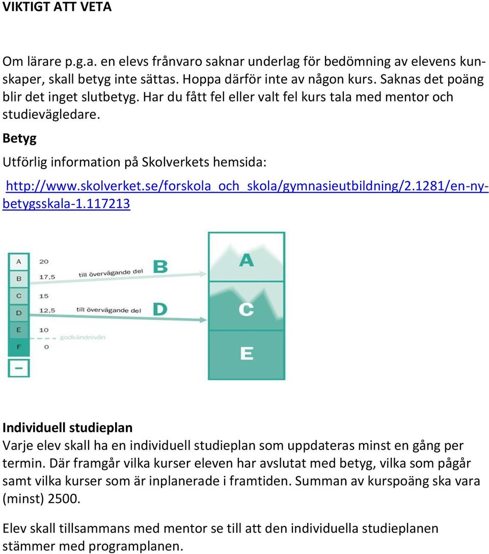 se/forskola_och_skola/gymnasieutbildning/2.1281/en-nybetygsskala-1.117213 Individuell studieplan Varje elev skall ha en individuell studieplan som uppdateras minst en gång per termin.