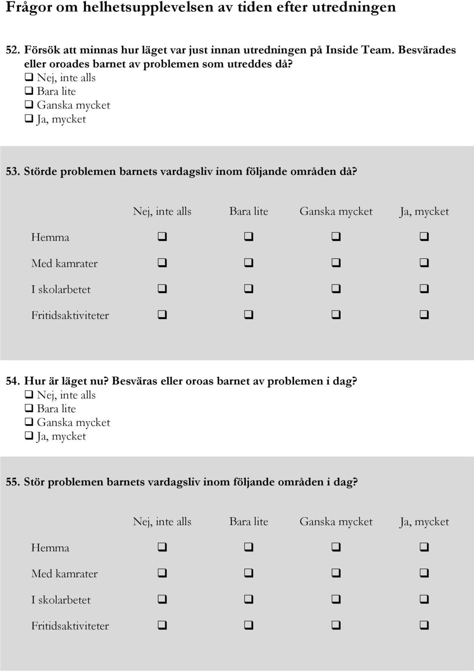 Nej, inte alls Bara lite Ganska mycket Ja, mycket Hemma q q q q Med kamrater q q q q I skolarbetet q q q q Fritidsaktiviteter q q q q 54. Hur är läget nu?