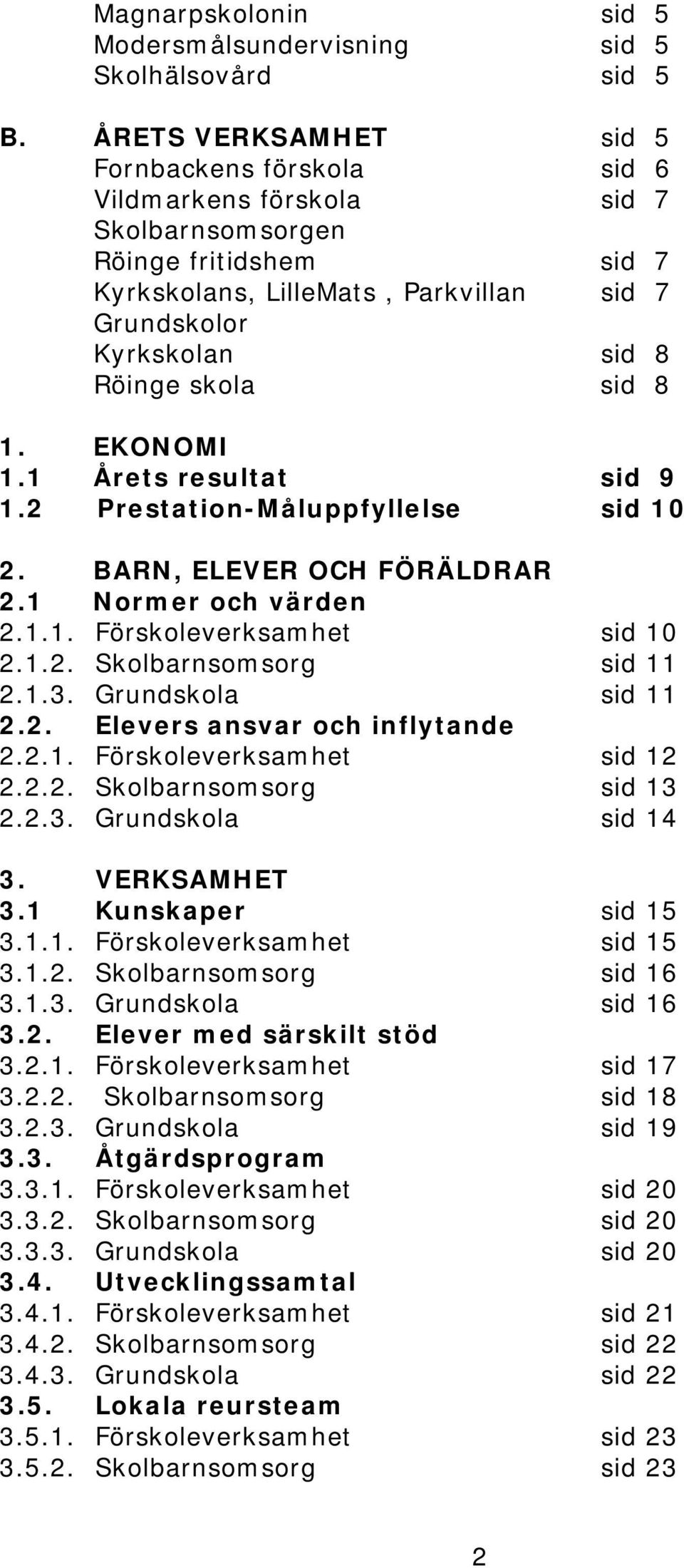 skola sid 8 1. EKONOMI 1.1 Årets resultat sid 9 1.2 Prestation-uppfyllelse sid 10 2. BARN, ELEVER OCH FÖRÄLDRAR 2.1 Normer och värden 2.1.1. Förskoleverksamhet sid 10 2.1.2. Skolbarnsomsorg sid 11 2.