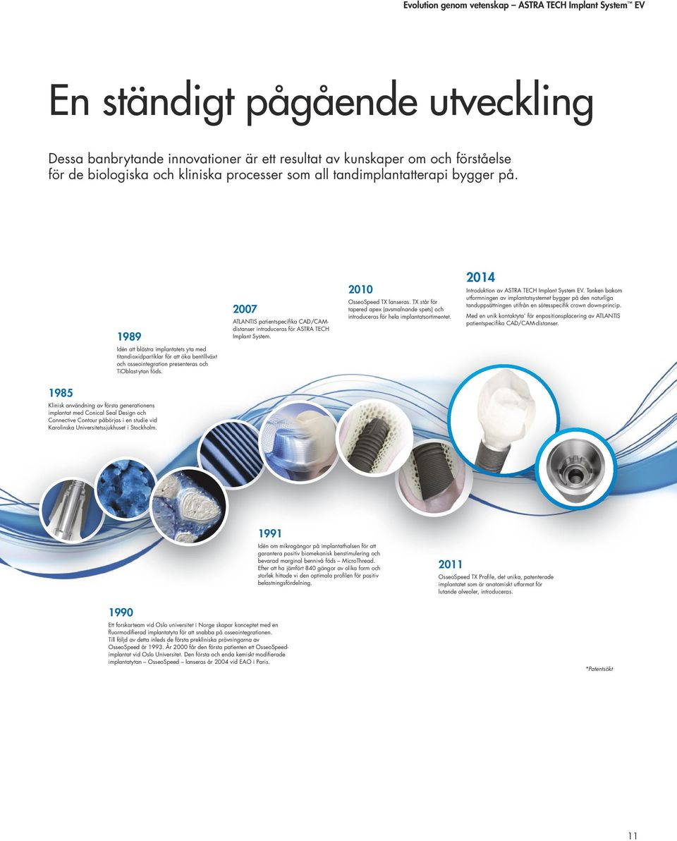 2007 ATLANTIS patientspecifika CAD/CAMdistanser introduceras för ASTRA TECH Implant System. 2010 OsseoSpeed TX lanseras.