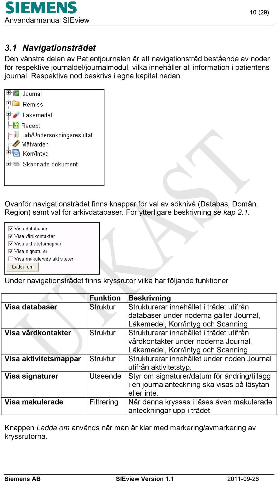 Respektive nod beskrivs i egna kapitel nedan. Ovanför navigationsträdet finns knappar för val av söknivå (Databas, Domän, Region) samt val för arkivdatabaser. För ytterligare beskrivning se kap 2.1.