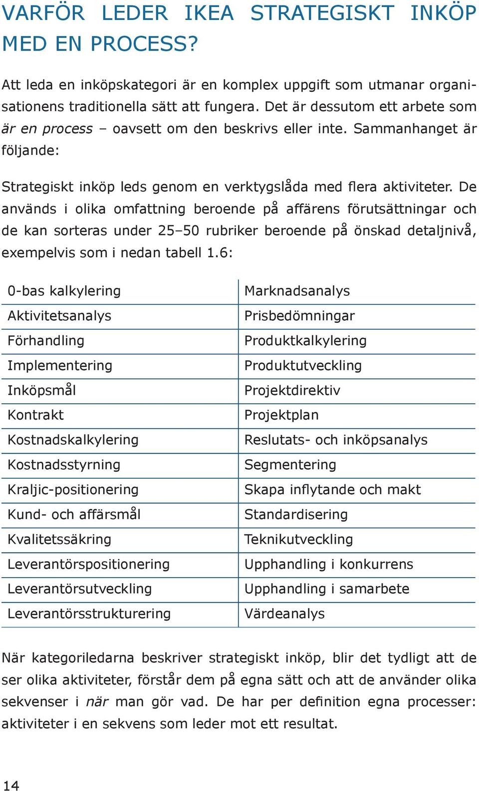 De används i olika omfattning beroende på affärens förutsättningar och de kan sorteras under 25 50 rubriker beroende på önskad detaljnivå, exempelvis som i nedan tabell 1.