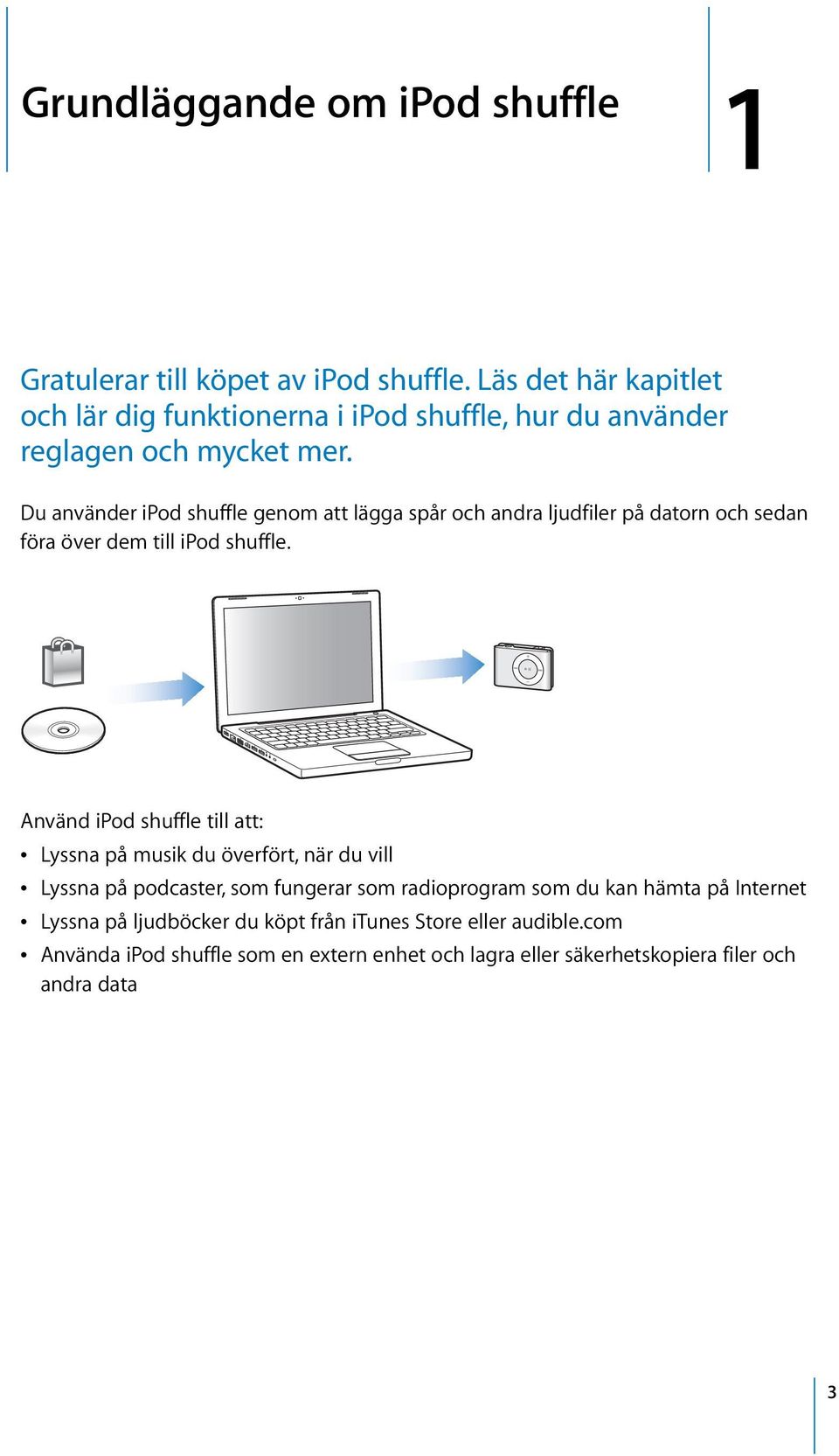 Du använder ipod shuffle genom att lägga spår och andra ljudfiler på datorn och sedan föra över dem till ipod shuffle.