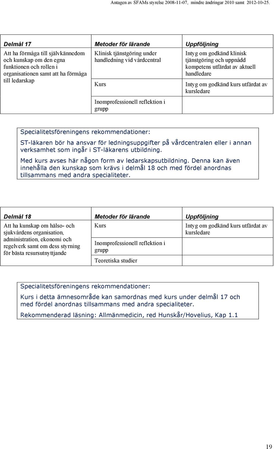 Med kurs avses här någon form av ledarskapsutbildning. Denna kan även innehålla den kunskap som krävs i delmål 18 och med fördel anordnas tillsammans med andra specialiteter.