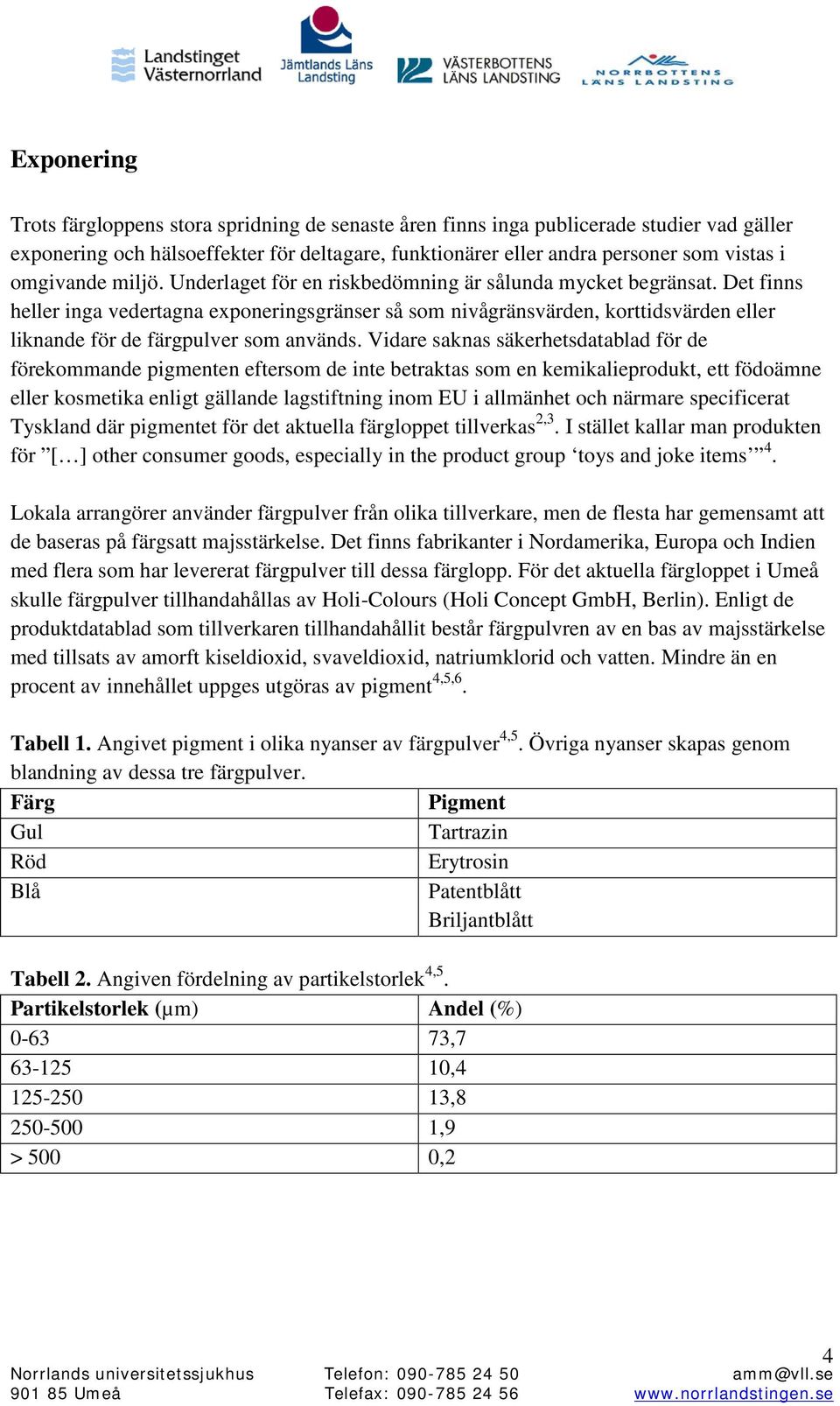 Det finns heller inga vedertagna exponeringsgränser så som nivågränsvärden, korttidsvärden eller liknande för de färgpulver som används.