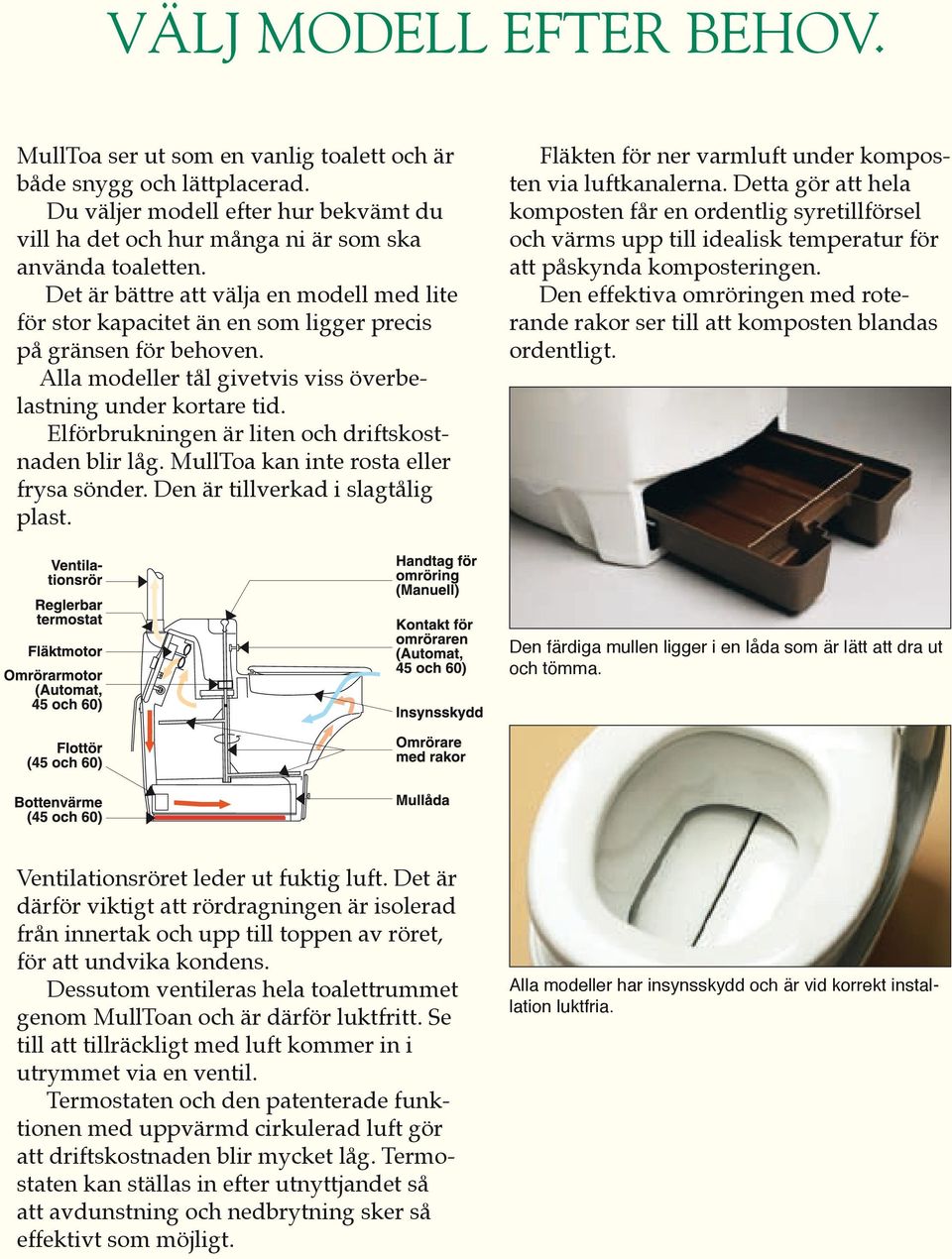 Elförbrukningen är liten och driftskostnaden blir låg. MullToa kan inte rosta eller frysa sönder. Den är tillverkad i slagtålig plast. Fläkten för ner varmluft under komposten via luftkanalerna.