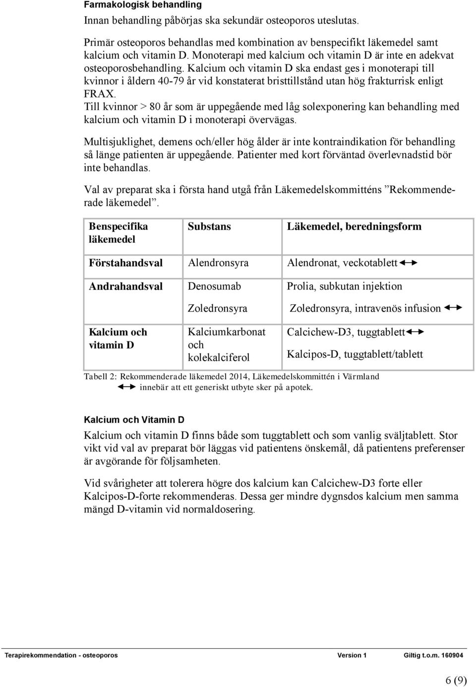 Kalcium och vitamin D ska endast ges i monoterapi till kvinnor i åldern 40-79 år vid konstaterat bristtillstånd utan hög frakturrisk enligt FRAX.