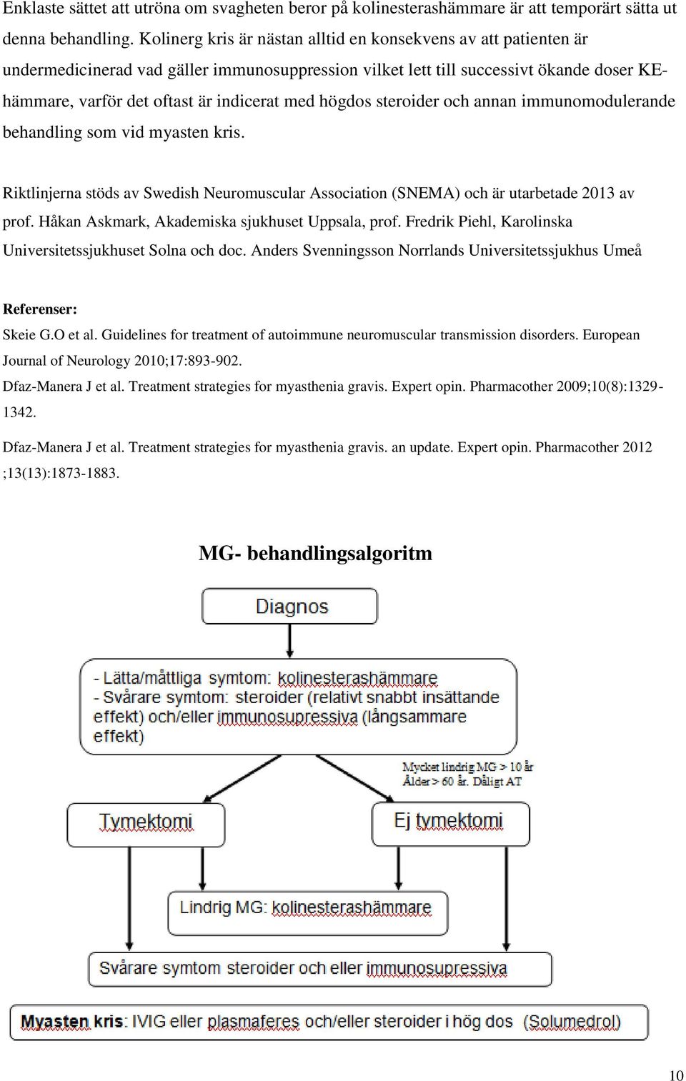 högdos steroider och annan immunomodulerande behandling som vid myasten kris. Riktlinjerna stöds av Swedish Neuromuscular Association (SNEMA) och är utarbetade 2013 av prof.