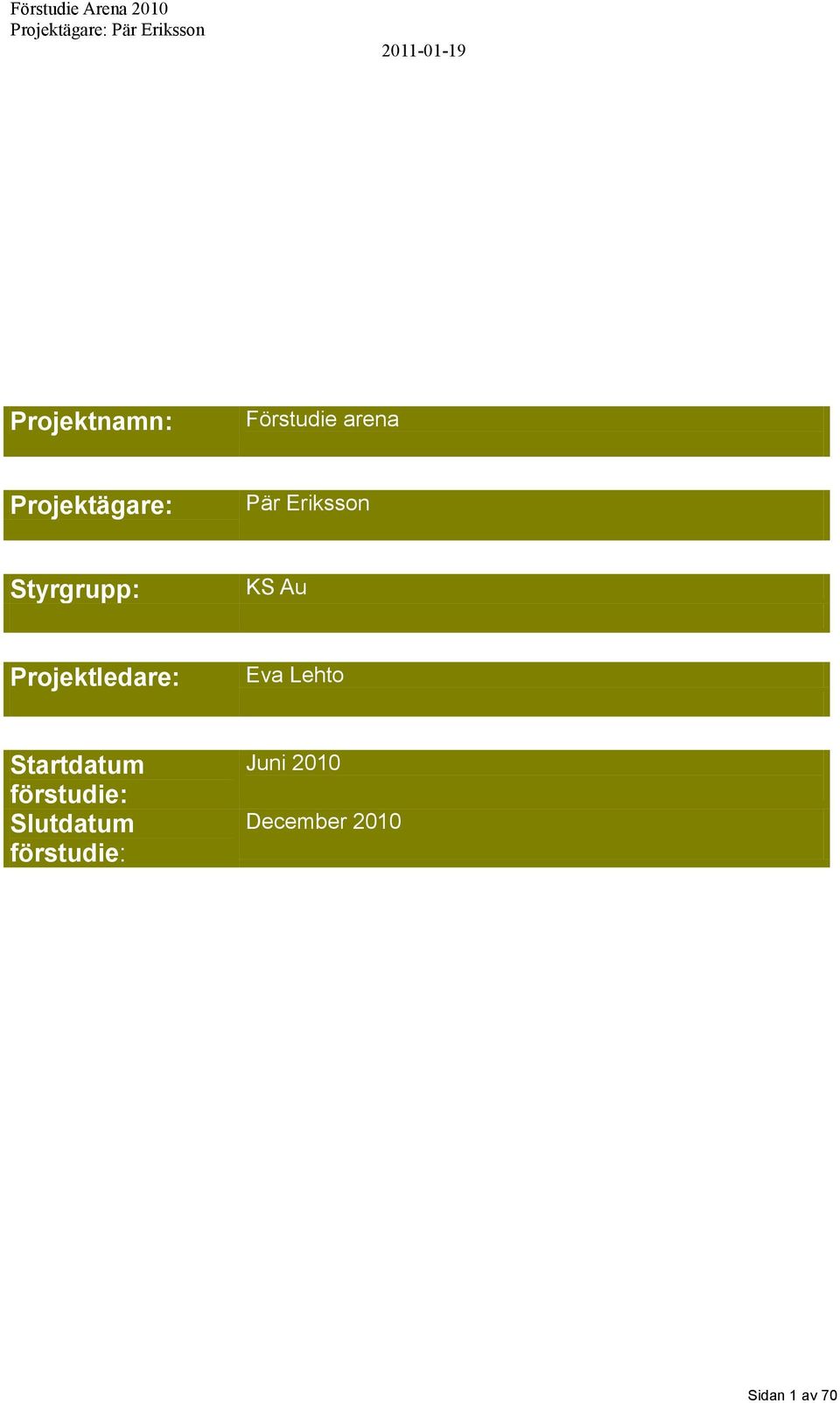 Eva Lehto Startdatum förstudie: Slutdatum