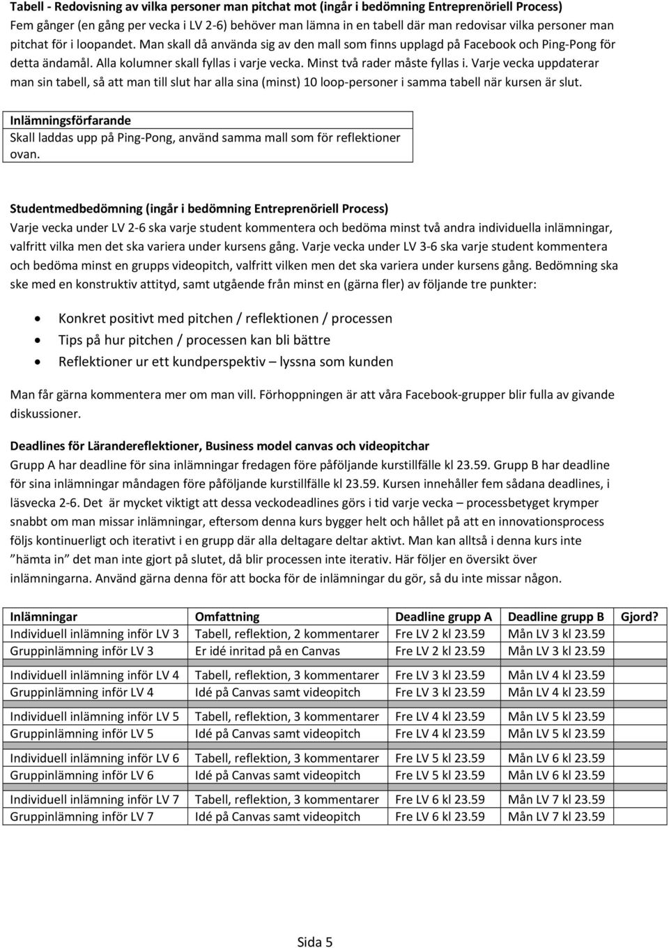 Minst två rader måste fyllas i. Varje vecka uppdaterar man sin tabell, så att man till slut har alla sina (minst) 10 loop personer i samma tabell när kursen är slut.