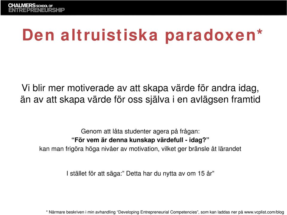 kan man frigöra höga nivåer av motivation, vilket ger bränsle åt lärandet I stället för att säga: Detta har du nytta av