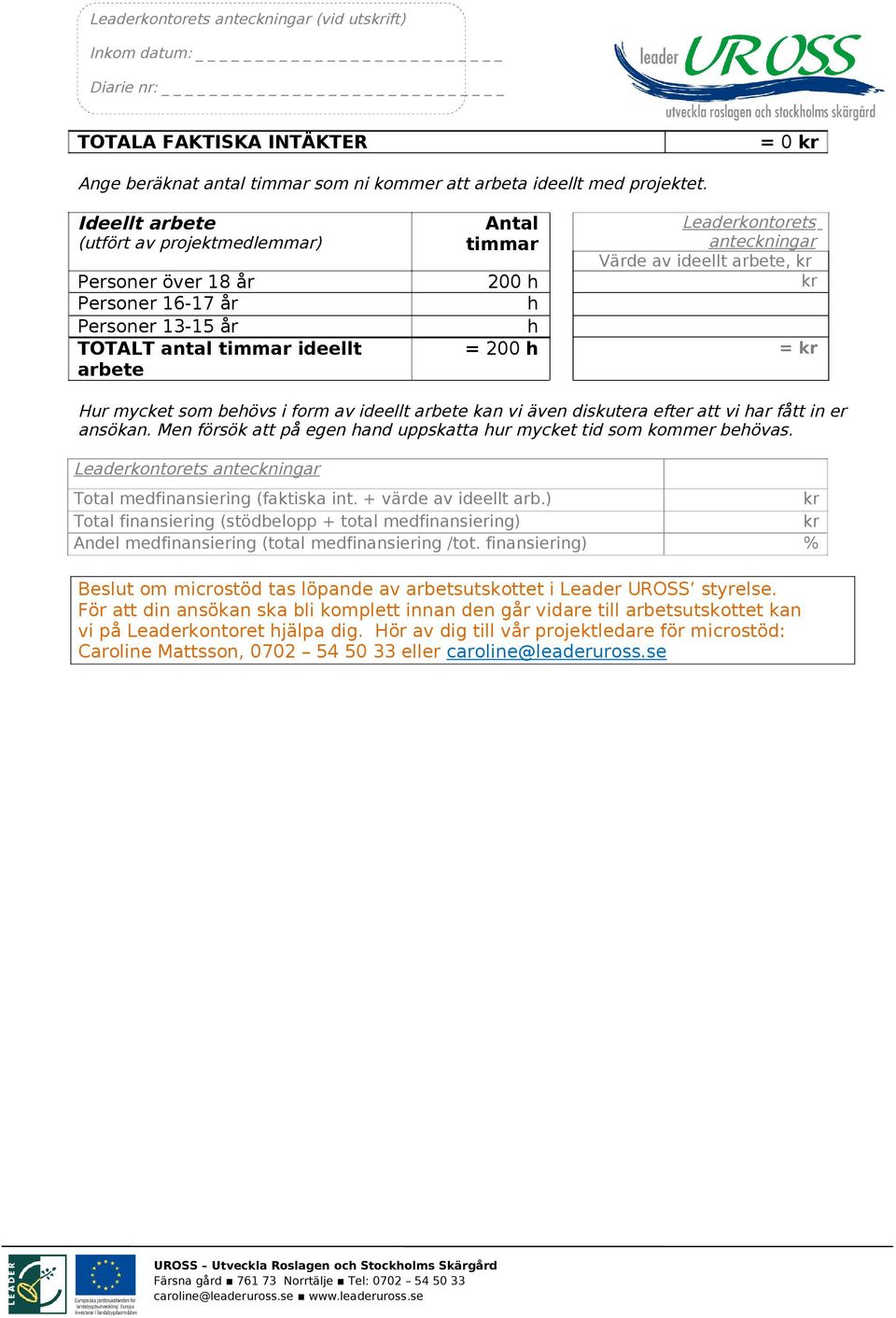 ideellt arbete = 200 h = Hur mycket som behövs i form av ideellt arbete kan vi även diskutera efter att vi har fått in er ansökan.