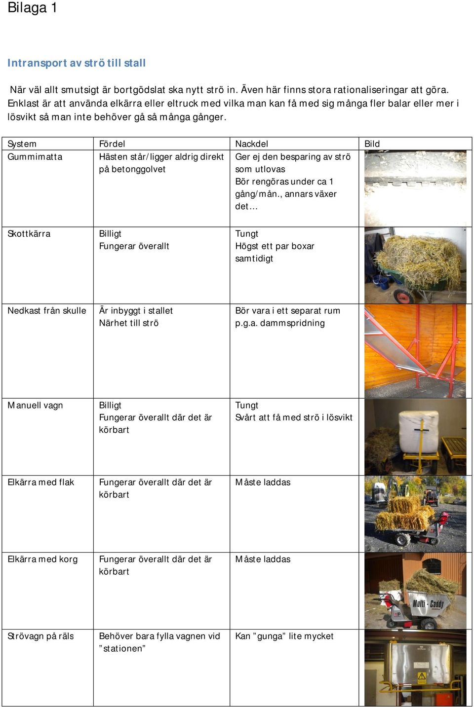 System Fördel Nackdel Bild Gummimatta Hästen står/ligger aldrig direkt på betonggolvet Ger ej den besparing av strö som utlovas Bör rengöras under ca 1 gång/mån.