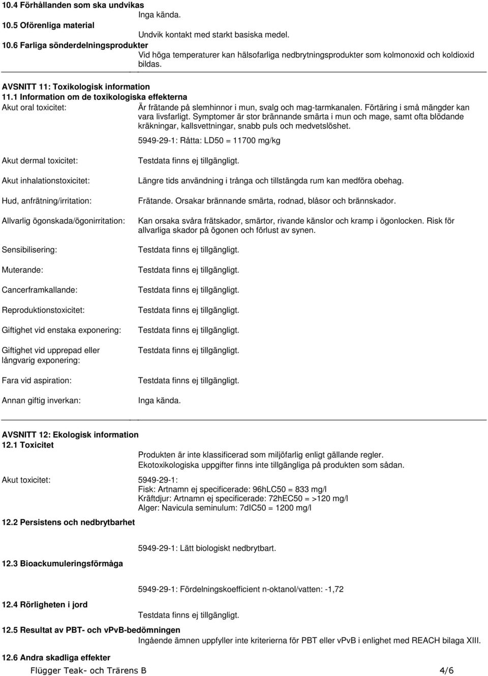 svalg och mag-tarmkanalen Förtäring i små mängder kan vara livsfarligt Symptomer är stor brännande smärta i mun och mage, samt ofta blödande kräkningar, kallsvettningar, snabb puls och medvetslöshet