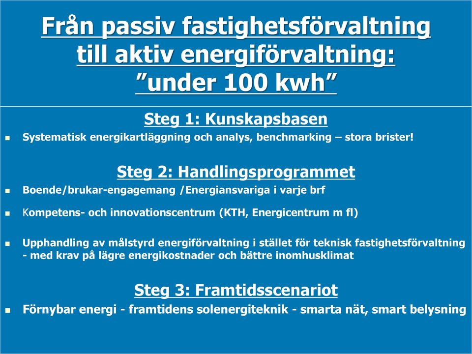 Steg 2: Handlingsprogrammet Boende/brukar-engagemang /Energiansvariga i varje brf Kompetens- och innovationscentrum (KTH, Energicentrum m