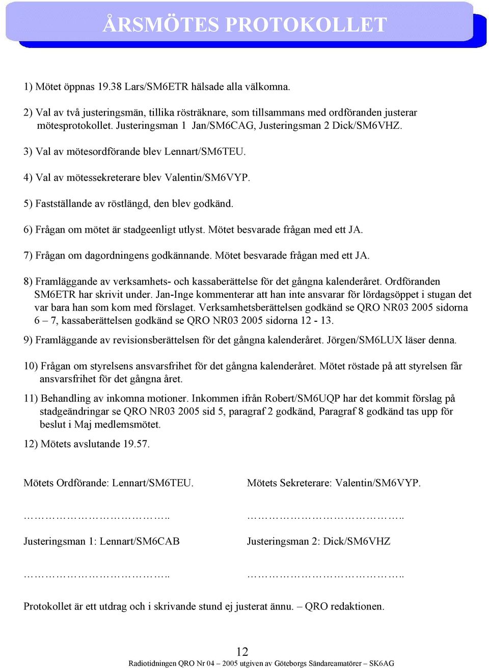 5) Fastställande av röstlängd, den blev godkänd. 6) Frågan om mötet är stadgeenligt utlyst. Mötet besvarade frågan med ett JA. 7) Frågan om dagordningens godkännande.