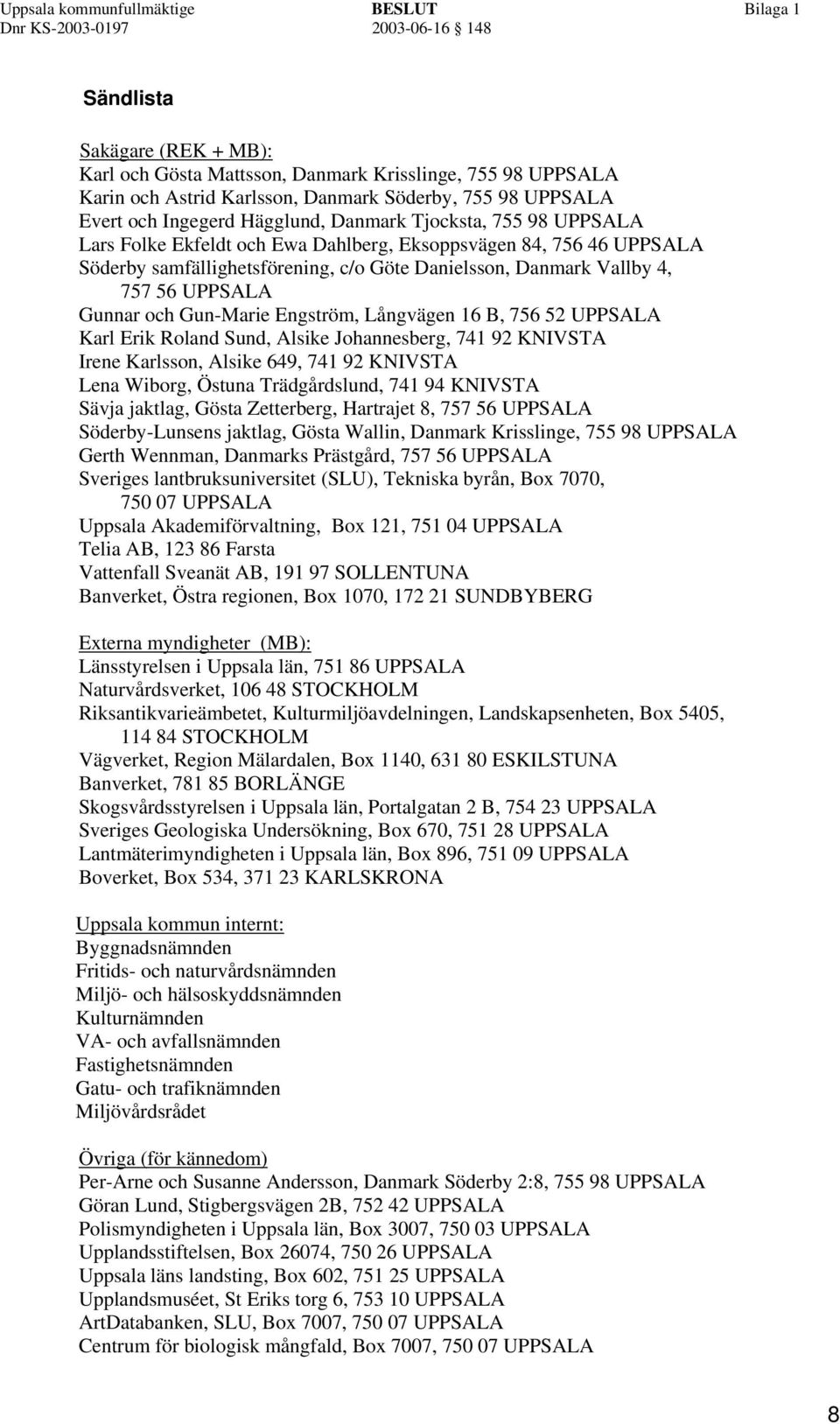 Långvägen 16 B, 756 52 UPPSALA Karl Erik Roland Sund, Alsike Johannesberg, 741 92 KNIVSTA Irene Karlsson, Alsike 649, 741 92 KNIVSTA Lena Wiborg, Östuna Trädgårdslund, 741 94 KNIVSTA Sävja jaktlag,