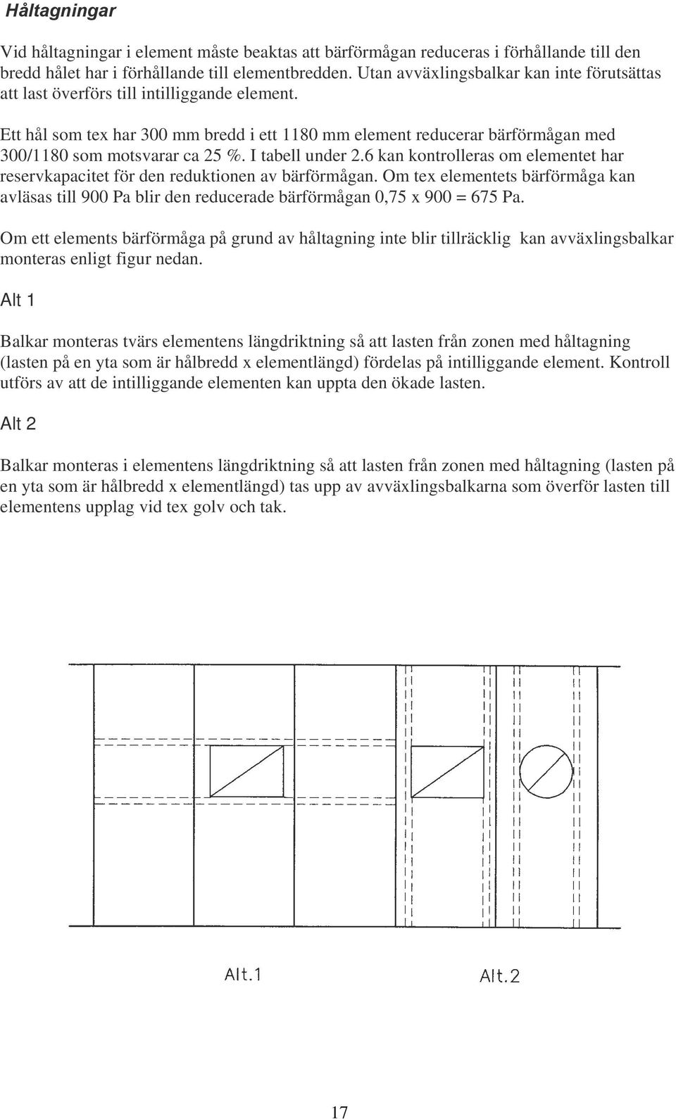 Ett hål som tex har 300 mm bredd i ett 1180 mm element reducerar bärförmågan med 300/1180 som motsvarar ca 25 %. I tabell under 2.