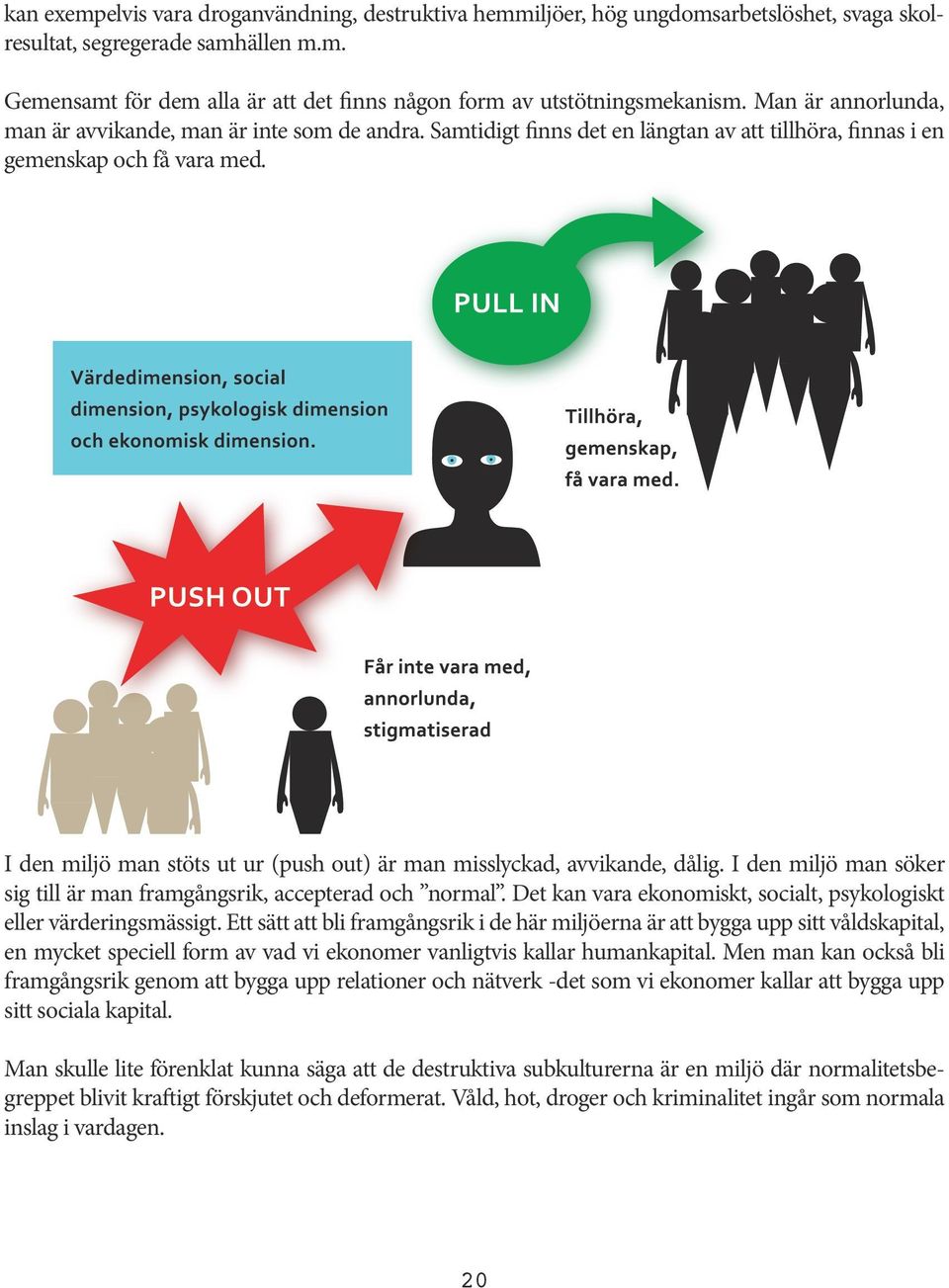 I den miljö man stöts ut ur (push out) är man misslyckad, avvikande, dålig. I den miljö man söker sig till är man framgångsrik, accepterad och normal.