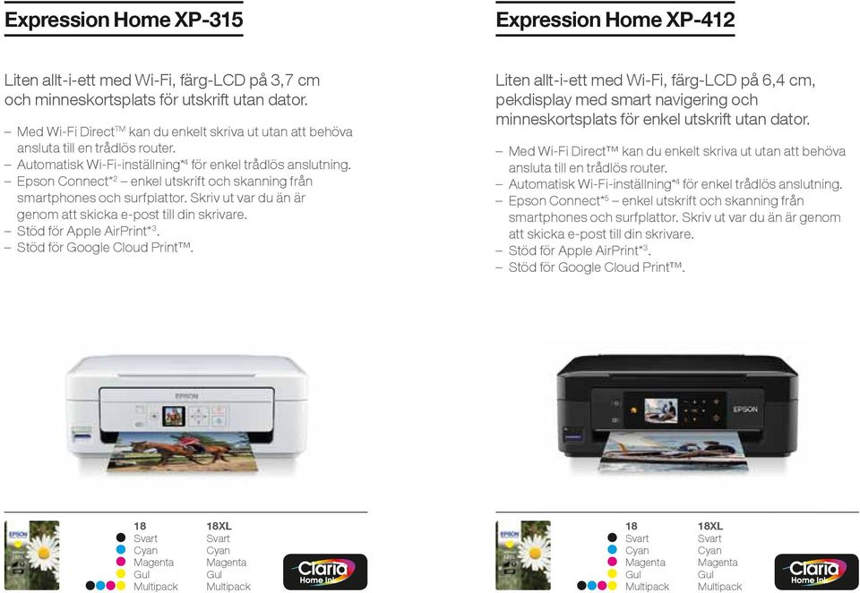 Epson Connect* 2 enkel utskrift och skanning från smartphones och surfplattor. Skriv ut var du än är genom att skicka e-post till din skrivare. Stöd för Apple AirPrint* 3. Stöd för Google Cloud Print.