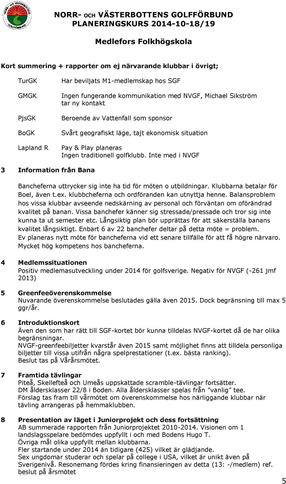 Inte med i NVGF 3 Infrmatin från Bana Bancheferna uttrycker sig inte ha tid för möten utbildningar. Klubbarna betalar för Bel, även t.ex. klubbcheferna ch rdföranden kan utnyttja henne.