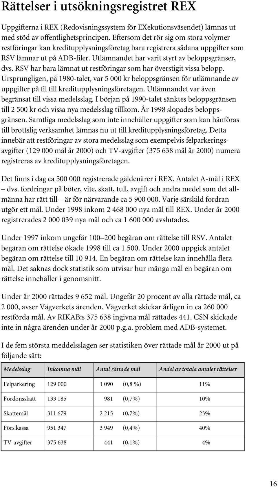 RSV har bara lämnat ut restföringar som har överstigit vissa belopp. Ursprungligen, på 1980-talet, var 5 000 kr beloppsgränsen för utlämnande av uppgifter på fil till kreditupplysningsföretagen.