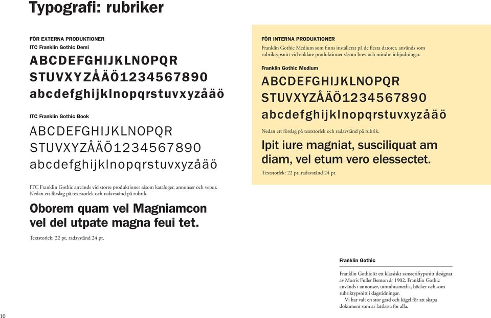 brev och mindre inbjudningar. Franklin Gothic Medium ABCDEFGHIJKLNOPQR STUVXYZÅÄÖ12 345 67890 abcdefghijklnopqrstuvxyzåäö Nedan ett förslag på textstorlek och radavstånd på rubrik.