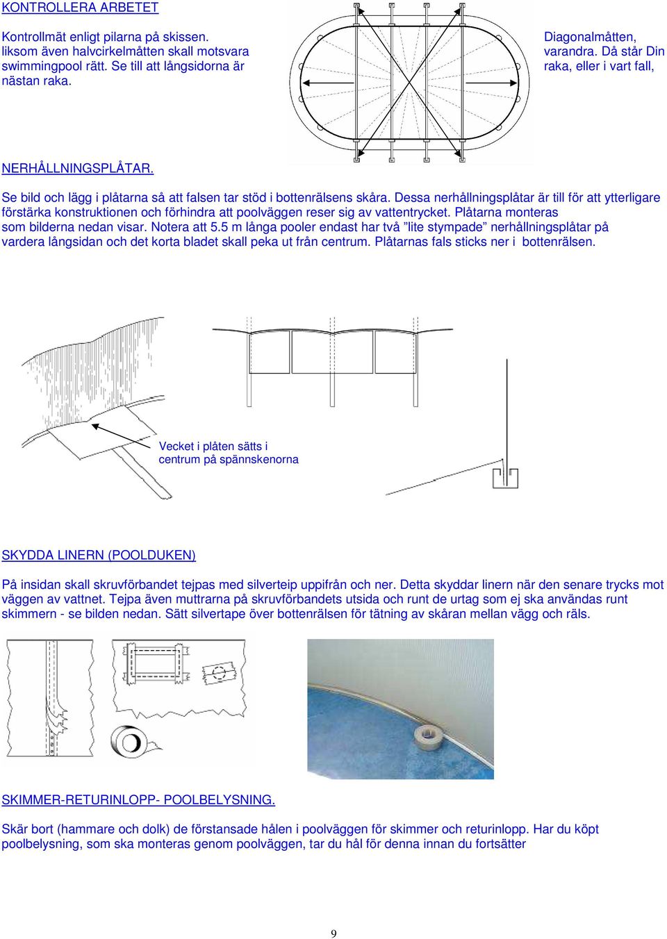 Dessa nerhållningsplåtar är till för att ytterligare förstärka konstruktionen och förhindra att poolväggen reser sig av vattentrycket. Plåtarna monteras som bilderna nedan visar. Notera att 5.