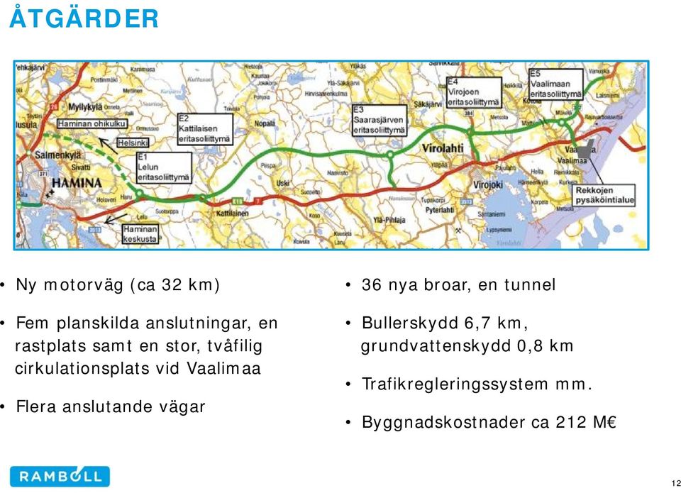 Flera anslutande vägar 36 nya broar, en tunnel Bullerskydd 6,7 km,