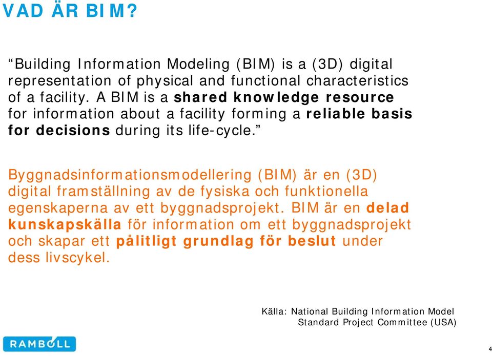 Byggnadsinformationsmodellering (BIM) är en (3D) digital framställning av de fysiska och funktionella egenskaperna av ett byggnadsprojekt.