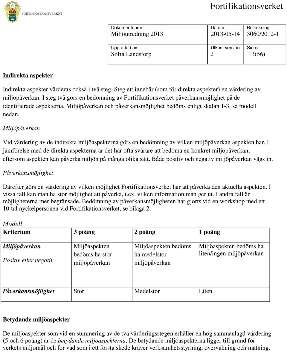 Miljöpåverkan Vid värdering av de indirekta miljöaspekterna görs en bedömning av vilken miljöpåverkan aspekten har.