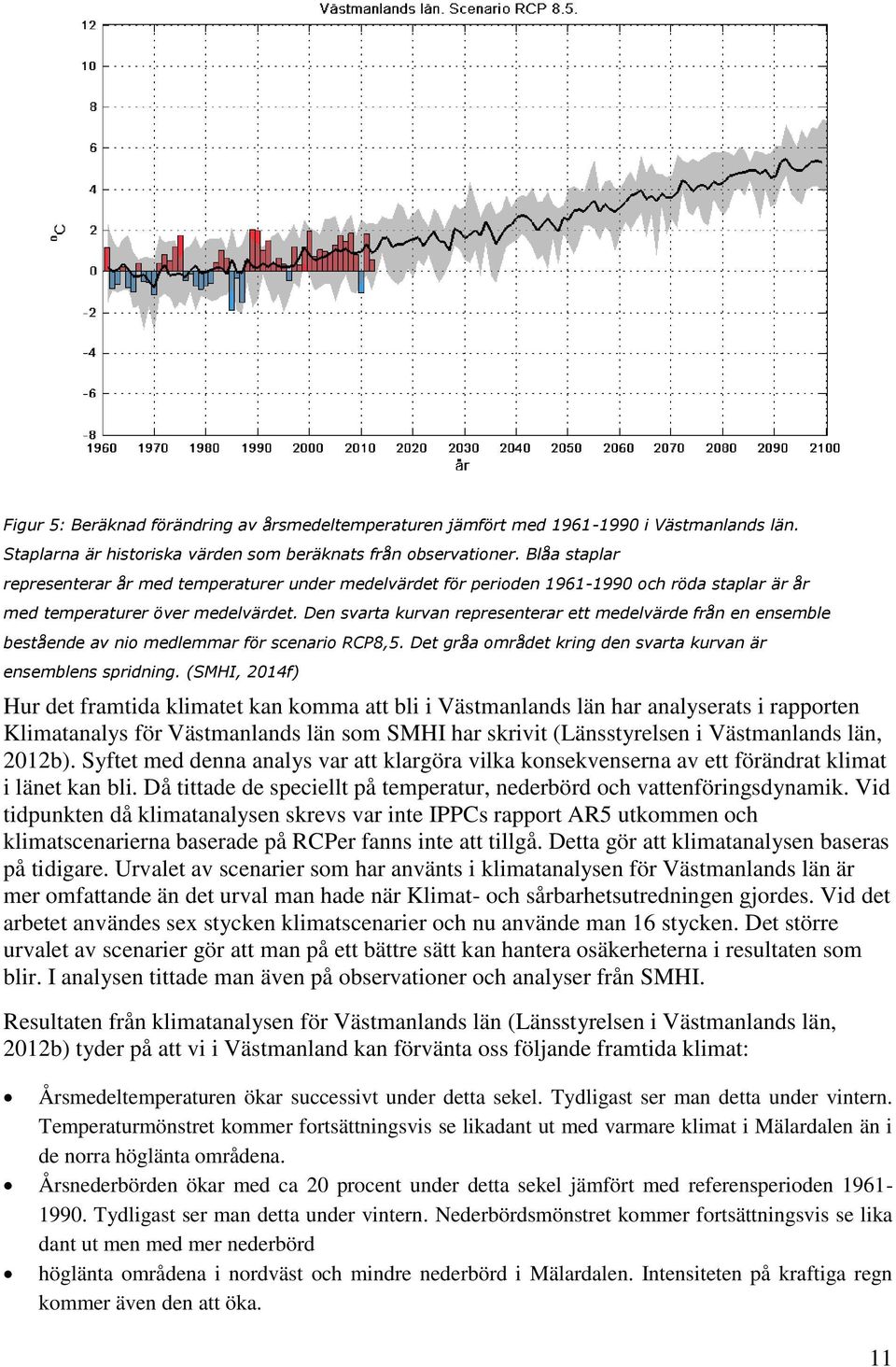 Den svarta kurvan representerar ett medelvärde från en ensemble bestående av nio medlemmar för scenario RCP8,5. Det gråa området kring den svarta kurvan är ensemblens spridning.