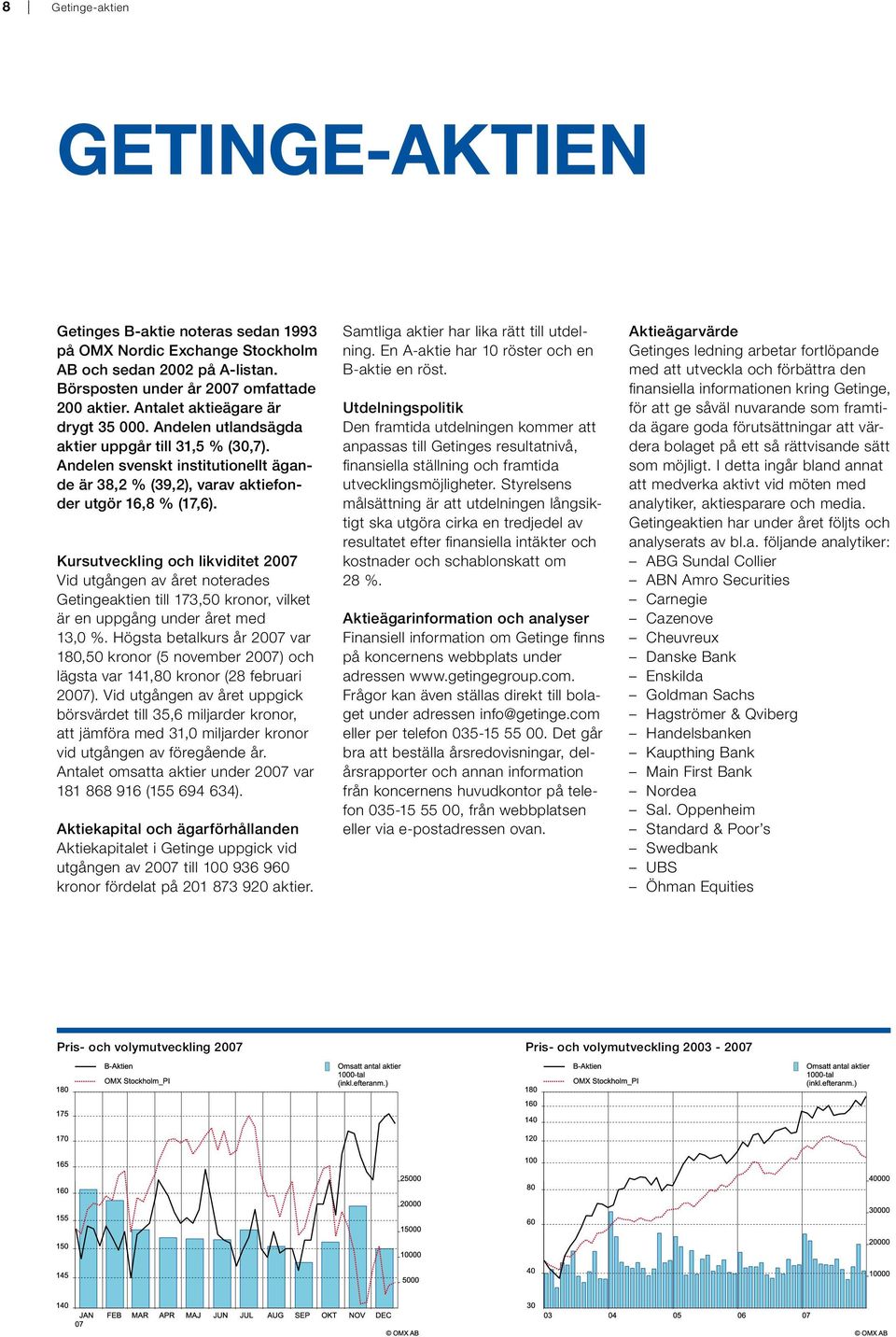 Kursutveckling och likviditet 2007 Vid utgången av året noterades Getingeaktien till 173,50 kronor, vilket är en uppgång under året med 13,0 %.