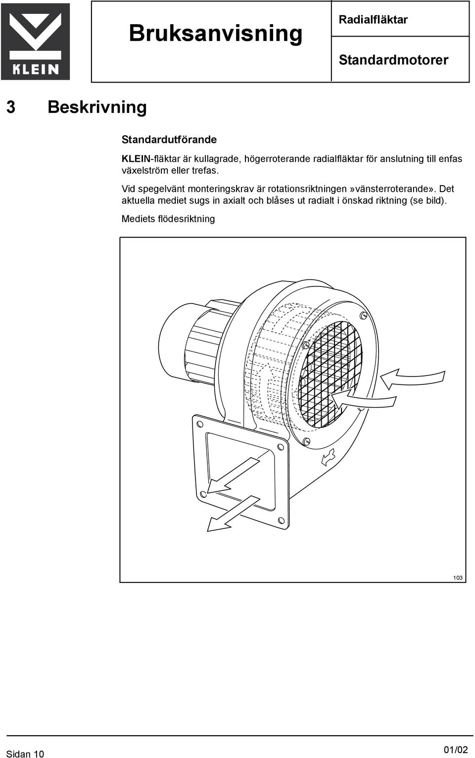 Vid spegelvänt monteringskrav är rotationsriktningen»vänsterroterande».