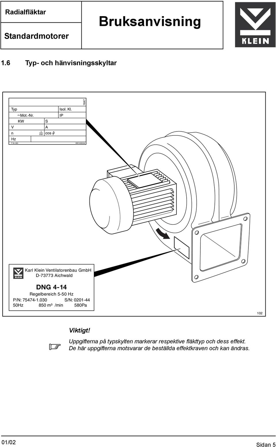 84 1647 Karl Klein Ventilatorenbau GmbH D-73773 Aichwald DNG 4-14 Regelbereich 5-50 Hz P/N: 75474-1.