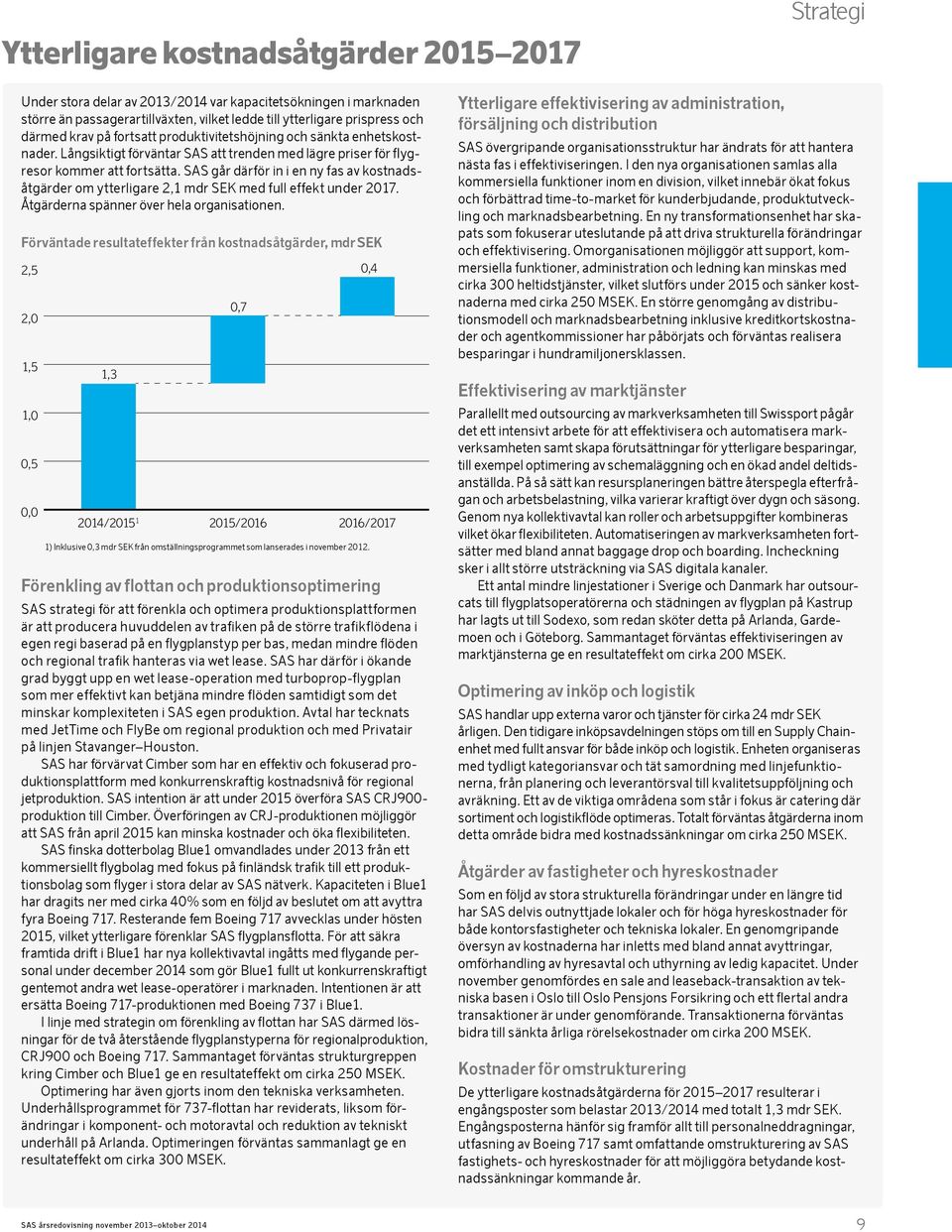 SAS går därför in i en ny fas av kostnadsåtgärder om ytterligare 2,1 mdr SEK med full effekt under 2017. Åtgärderna spänner över hela organisationen.