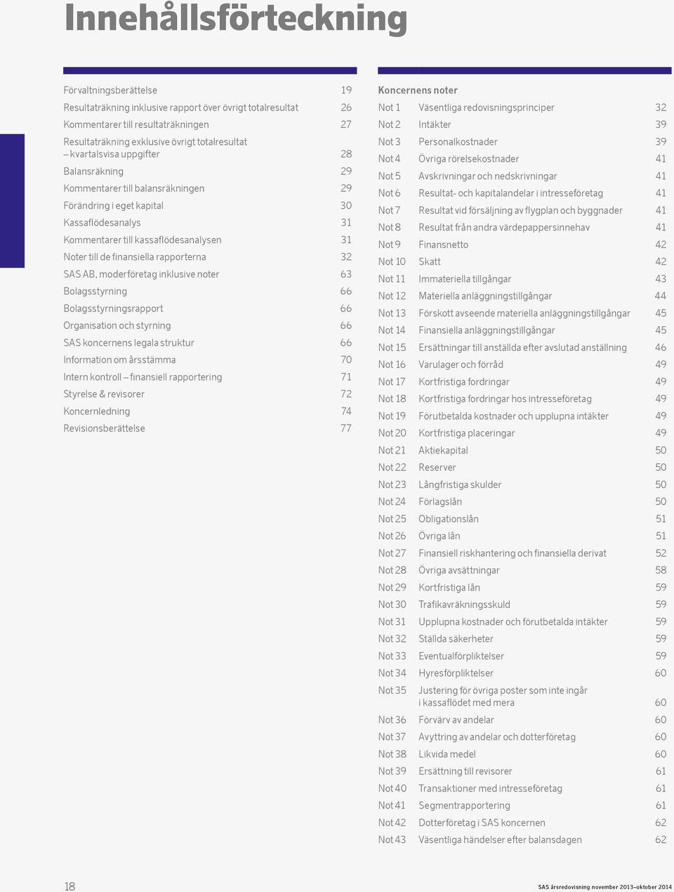 rapporterna 32 SAS AB, moderföretag inklusive noter 63 Bolagsstyrning 66 Bolagsstyrningsrapport 66 Organisation och styrning 66 SAS koncernens legala struktur 66 Information om årsstämma 70 Intern