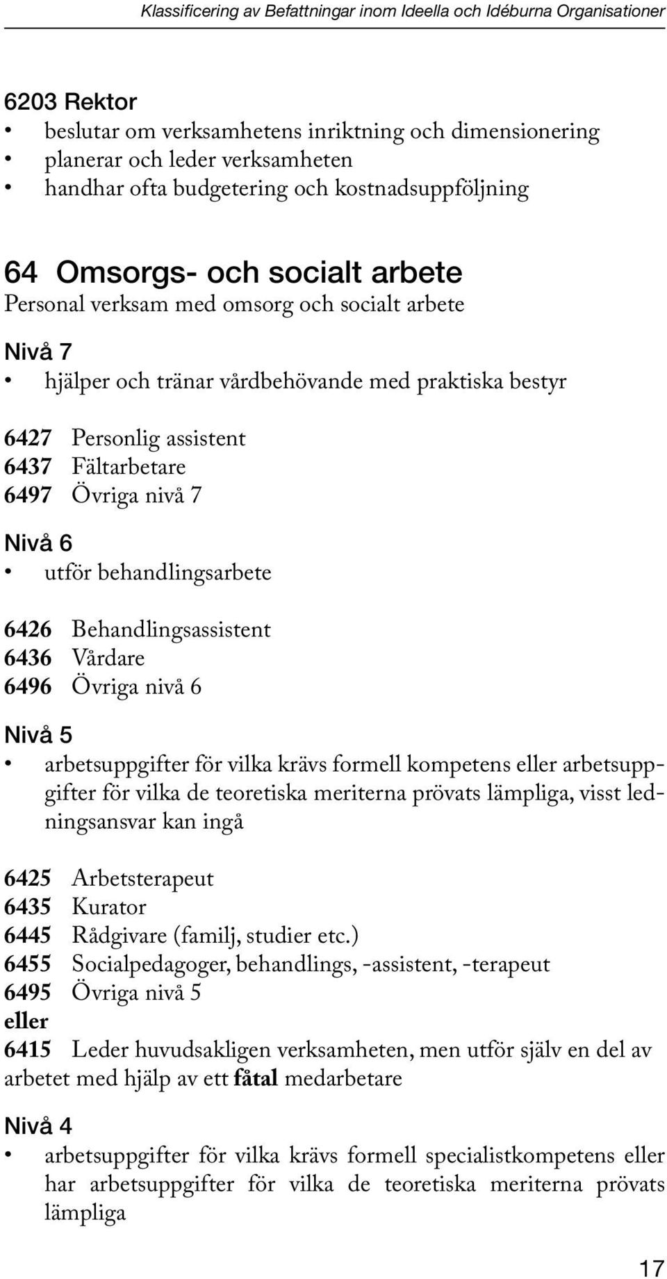 Fältarbetare 6497 Övriga nivå 7 Nivå 6 utför behandlingsarbete 6426 Behandlingsassistent 6436 Vårdare 6496 Övriga nivå 6 Nivå 5 arbetsuppgifter för vilka krävs formell kompetens eller arbetsuppgifter