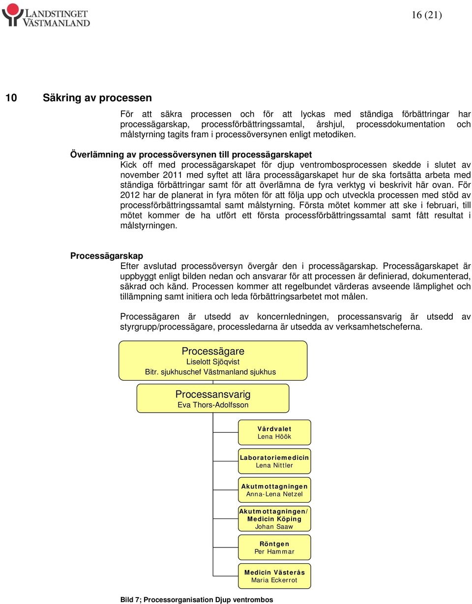 Överlämning av processöversynen till processägarskapet Kick off med processägarskapet för djup ventrombosprocessen skedde i slutet av november 2011 med syftet att lära processägarskapet hur de ska