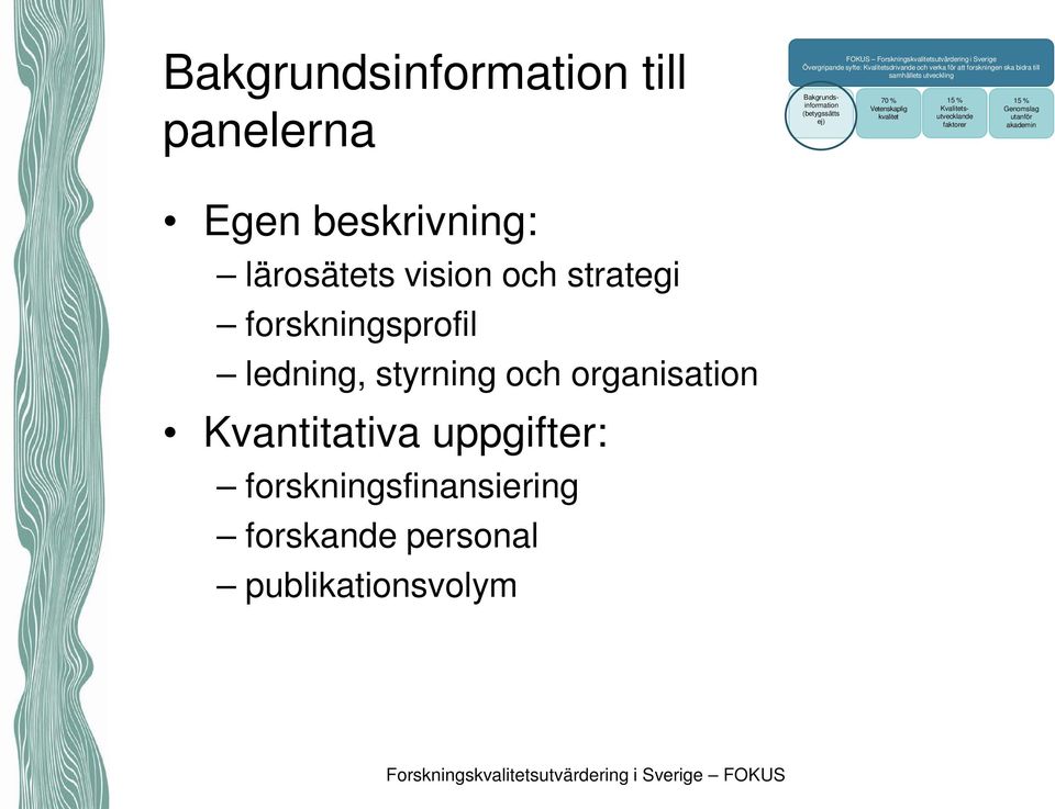 kvalitet Kvalitetsutvecklande faktorer Genomslag utanför akademin Egen beskrivning: lärosätets vision och strategi