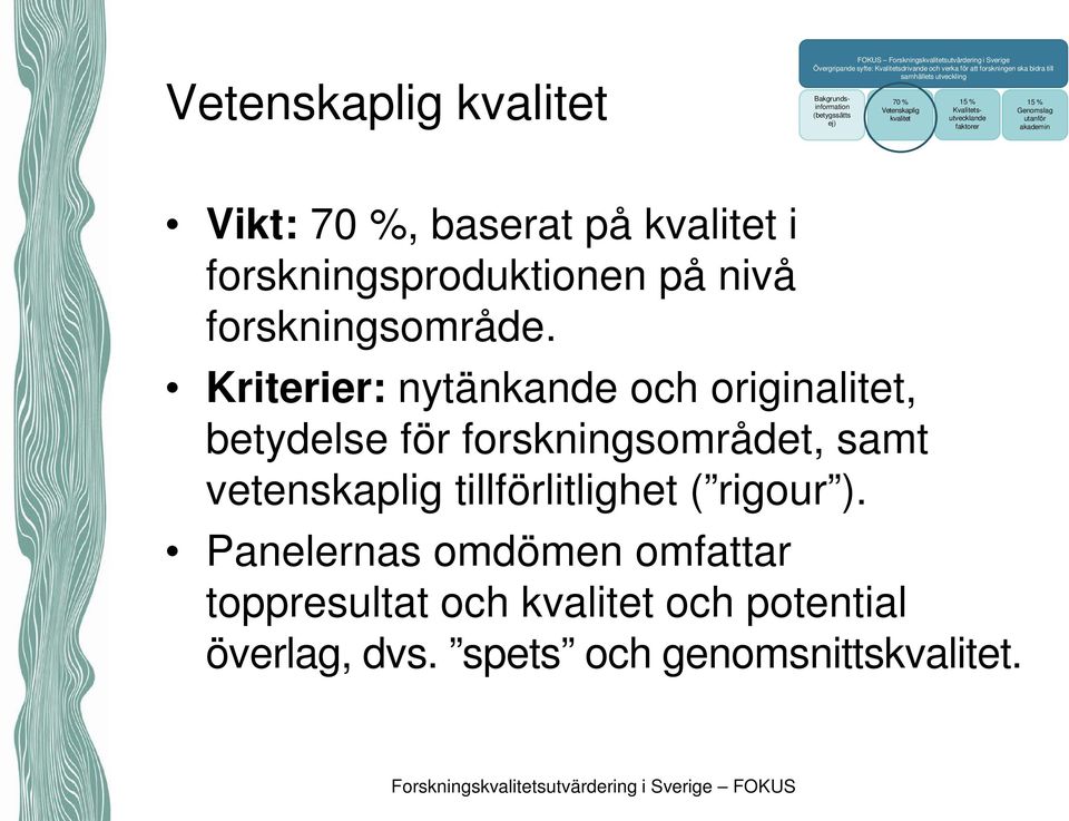 %, baserat på kvalitet i forskningsproduktionen på nivå forskningsområde.