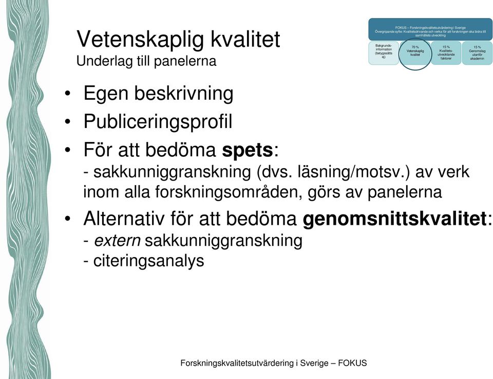 faktorer Genomslag utanför akademin Egen beskrivning Publiceringsprofil För att bedöma spets: - sakkunniggranskning (dvs. läsning/motsv.