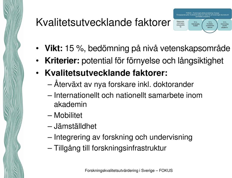 bedömning på nivå vetenskapsområde Kriterier: potential för förnyelse och långsiktighet Kvalitetsutvecklande faktorer: Återväxt av nya forskare inkl.