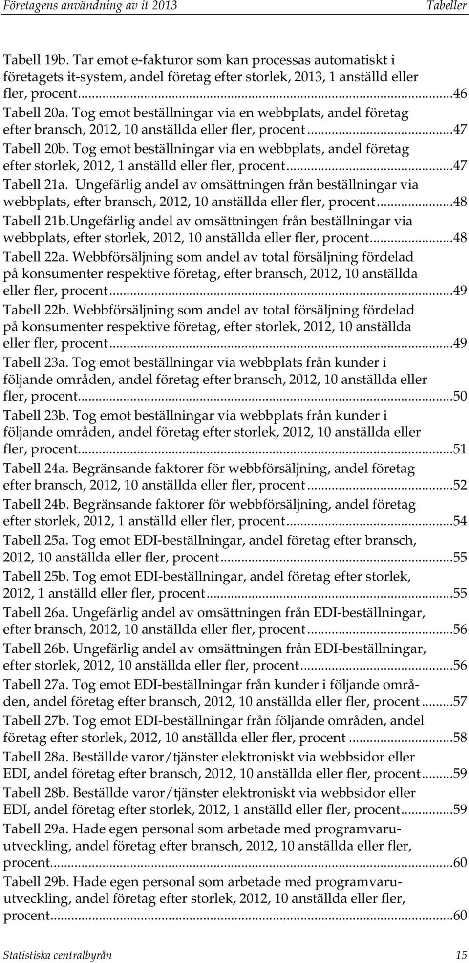 Tog emot beställningar via en webbplats, andel företag efter storlek, 2012, 1 anställd eller fler, procent... 47 Tabell 21a.